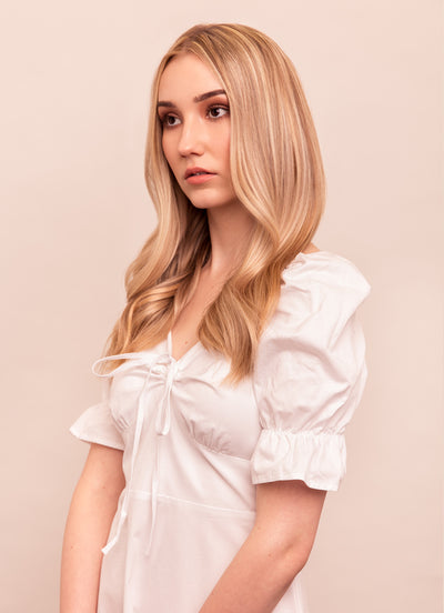 16 inch Halo Hair Extensions Light Brown with Light Blonde Highlights