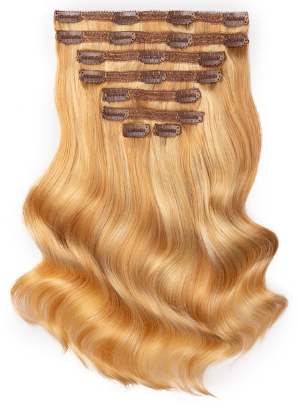 20 inch Full Volume Clip in Hair Extensions Light Blonde with Strawberry Blonde Highlights