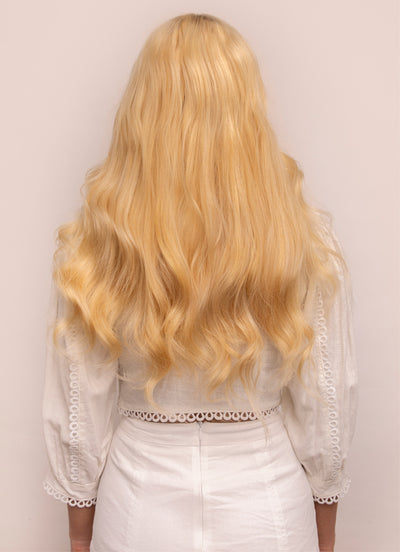 20 inch Deluxe Clip in Hair Extensions Light Blonde with Strawberry Blonde Highlights