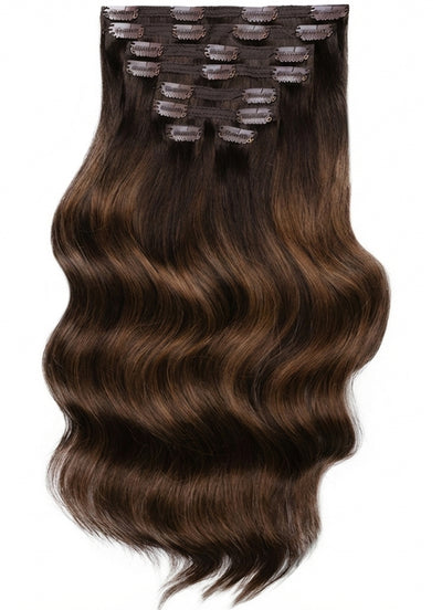 16 inch Full Volume Clip in Hair Extensions Mocha & Medium Brown Balayage